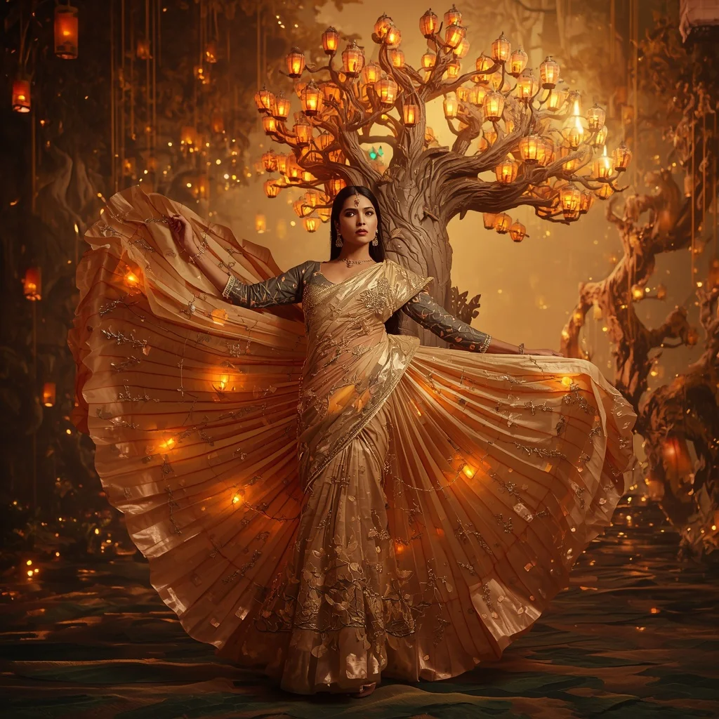 Crystal Lantern Tree Saree with Floating Festival Forest | Prompt Seen Trending Girl Instagram