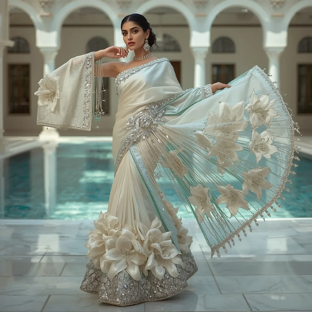 Crystal Lily Fountain Saree with Luxury Aqua Courtyard | 3d Animation Ai Prompt