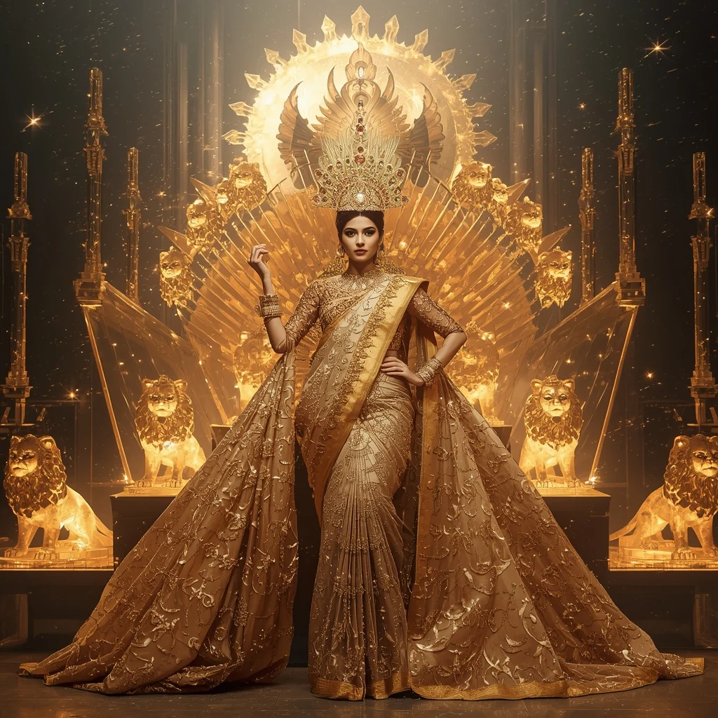 Crystal Lion Crown Saree with Golden Solar Throne Universe | Viral Instagram Ai Prompt