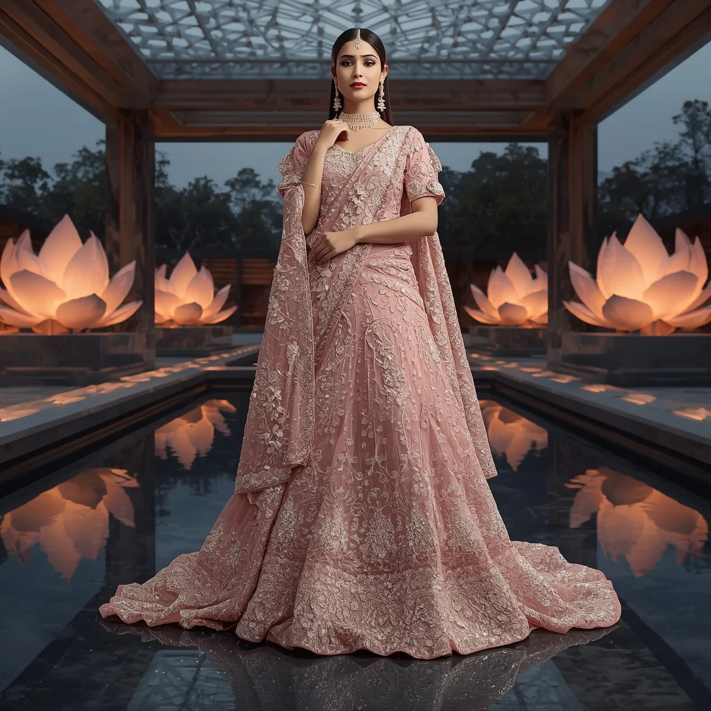 Crystal Lotus Architecture Saree with Modern Temple Pavilion | Anime Ai Prompt