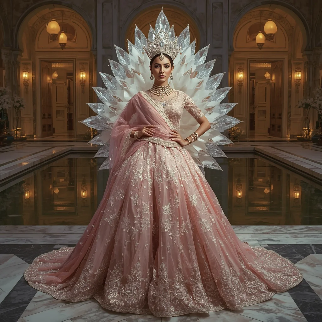 Crystal Lotus Throne Saree with Royal Reflection Courtyard | Prompt For Gemini AI Girl