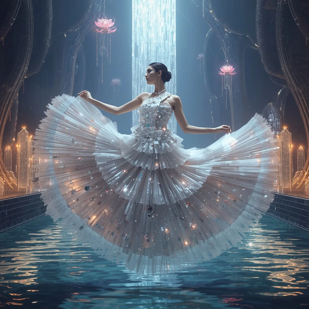 Crystal Lotus Waterfall Saree with Floating Sacred River Universe | Prompt Seen Girls AI Photo Editing