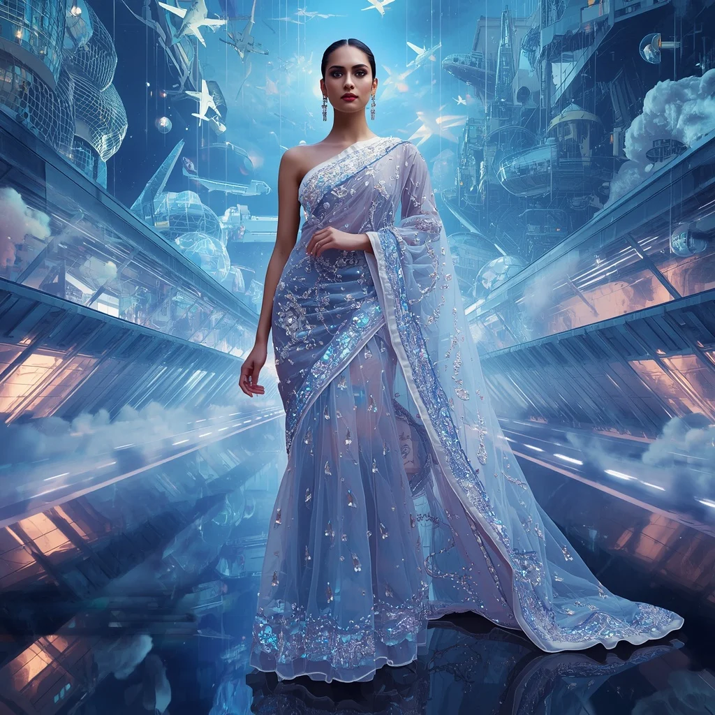 Crystal Luxury Airport Saree with Floating Sky Terminal Empire | Festive Prompt