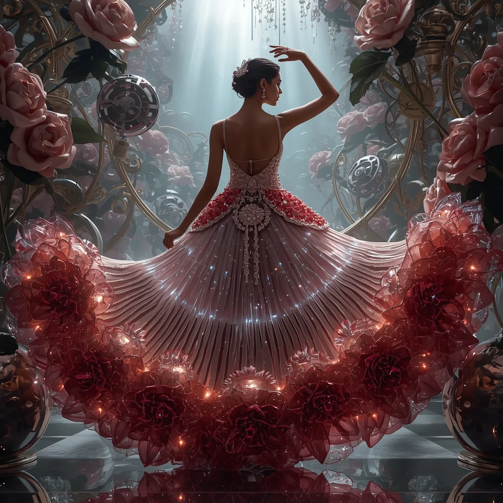 Crystal Mechanical Rose Saree with Floating Clockwork Garden Realm | Prompt Engineering