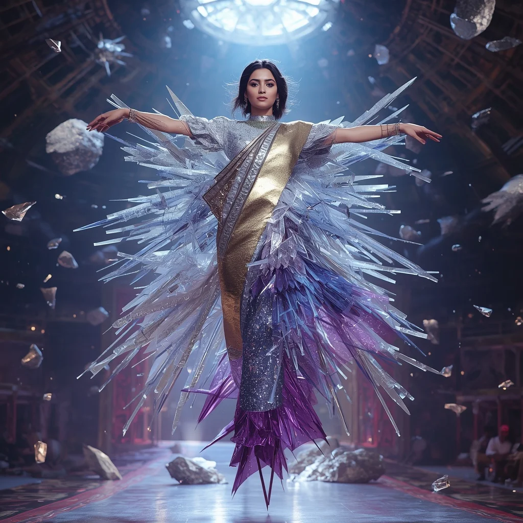 Crystal Meteor Alloy Saree with Cosmic Fragment Arena Dome | Face Ai Prompt