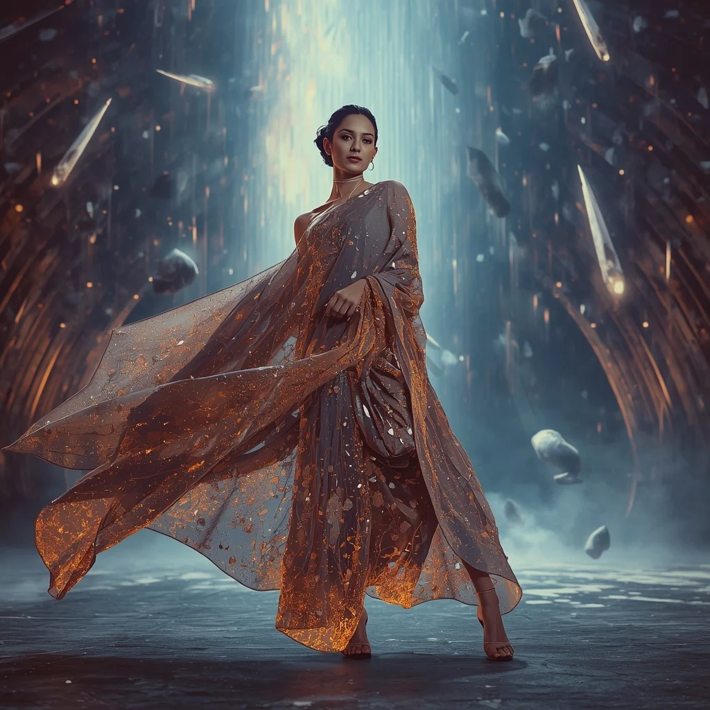 Crystal Meteor Silk Saree with Falling Sky Arena | New Design Ai Prompt