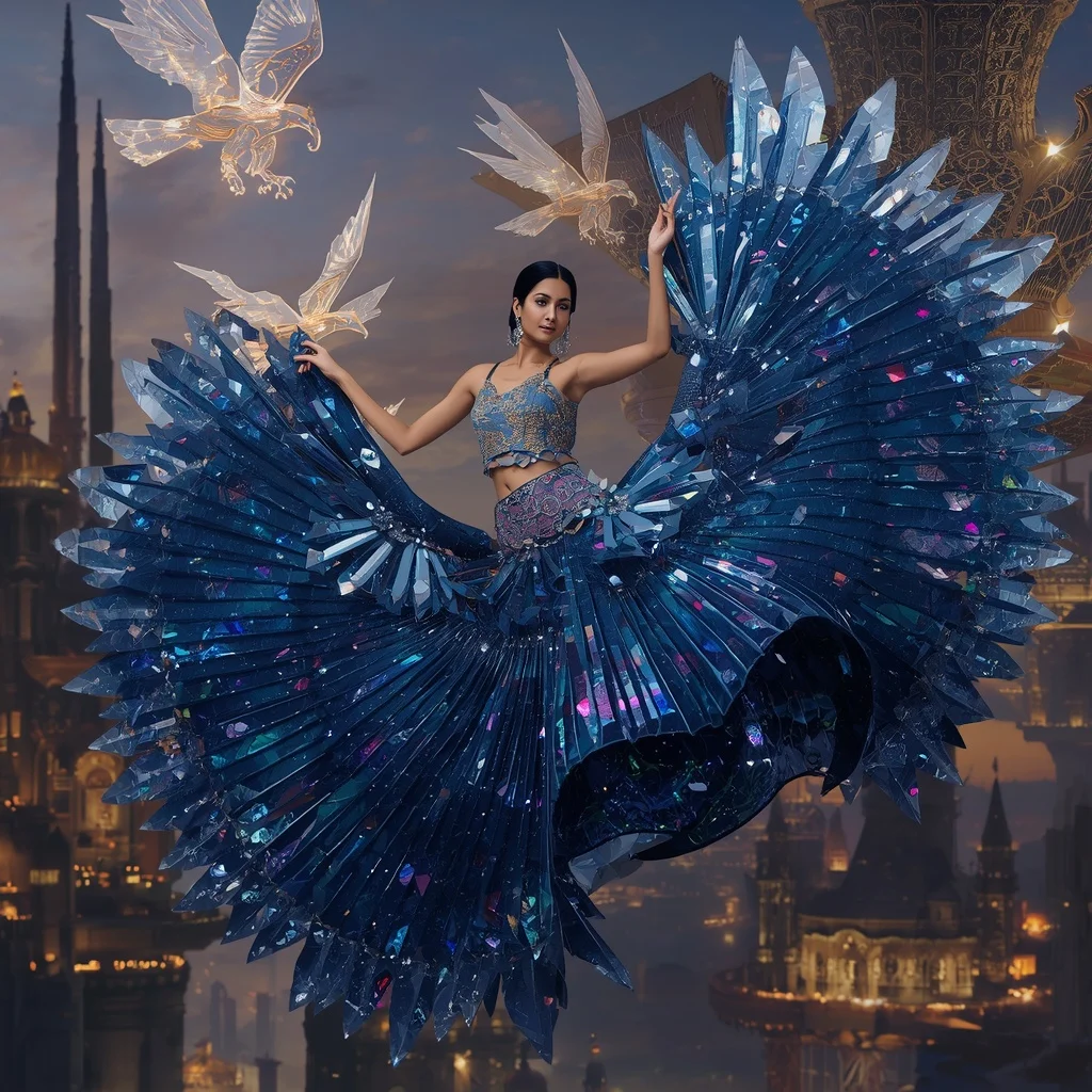 Crystal Mirage Falcon Saree with Floating Horizon Palace Megakingdom | Leonardo Ai Image Prompt