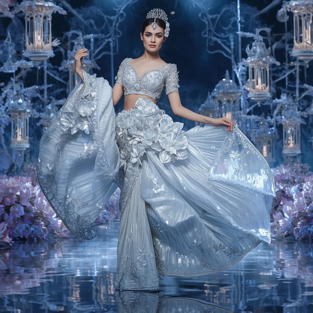 Crystal Moonlight Garden Saree with Floating Silver Blossom Palace | Gemini Ai Prompt