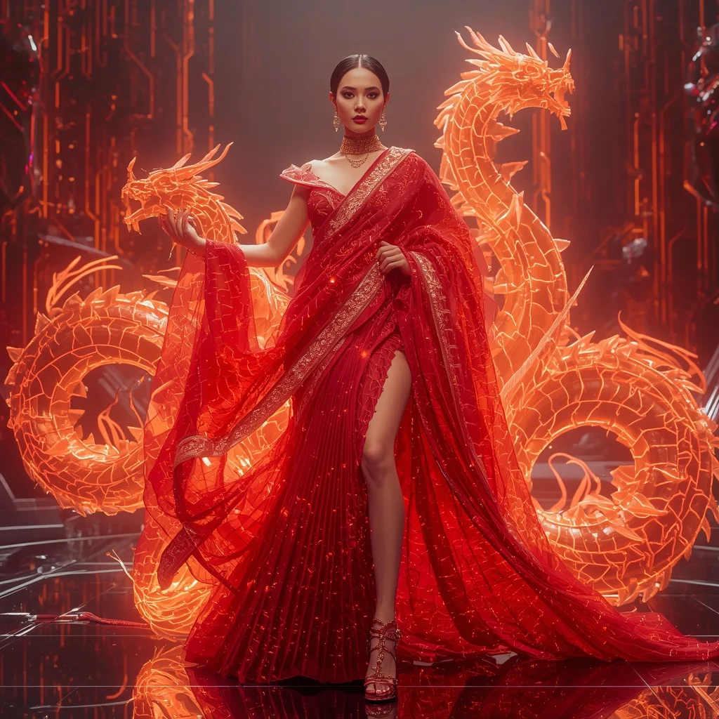 Crystal Neon Dragon Circuit Saree with Cyber Flame Metaverse Kingdom | Wedding Ai Prompt