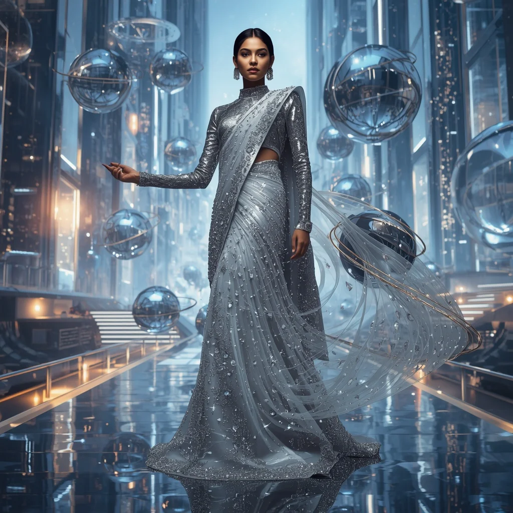 Crystal Orbital Ring Saree with Floating Sphere Architecture City | Girls Trending Prompt Gemini Instagram