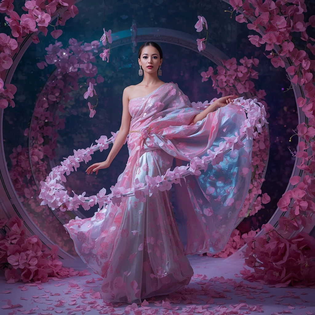 Crystal Orchid Gravity Saree with Floating Bloom Orbit | Prompt For Girl Photo Editing