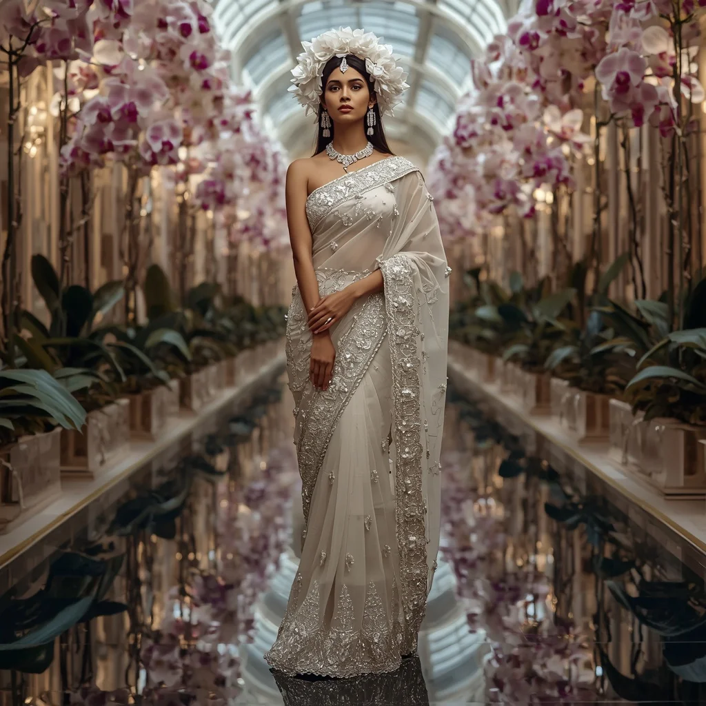 Crystal Orchid Halo Saree with Luxury Botanical Reflection Hall | Trending Girl Photo Prompt