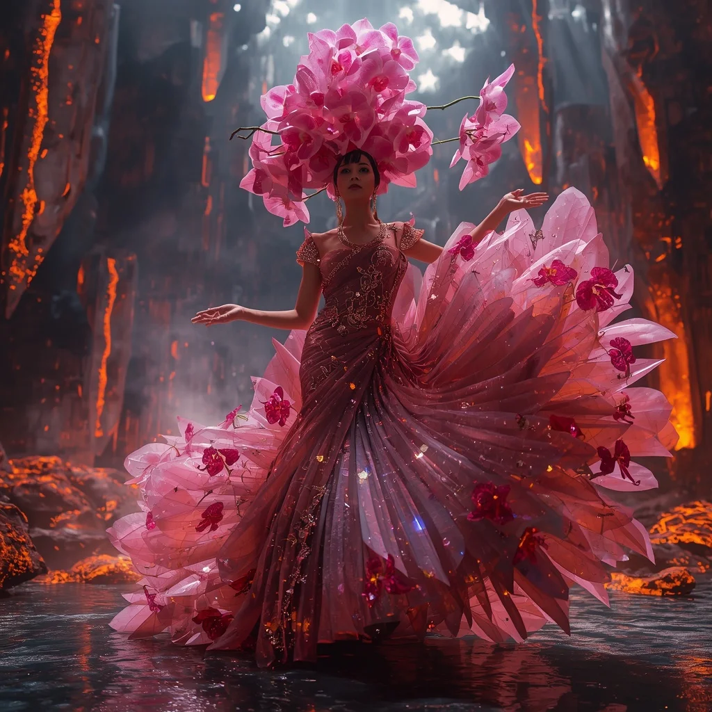 Crystal Orchid Volcano Saree with Floating Bloom Lava Megacity | New Instagram Trend Prompt For Girl And Boy Copy And Paste