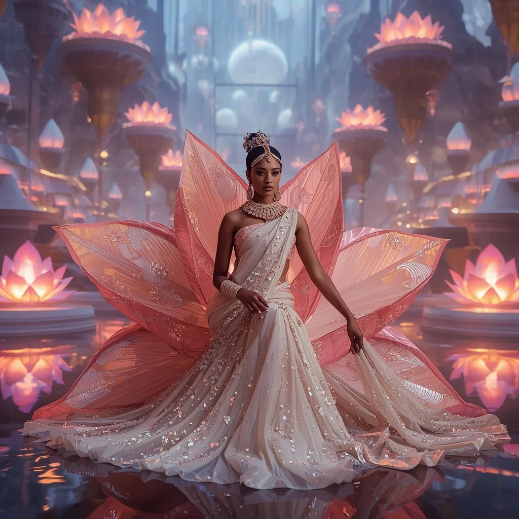 Crystal Origami Lotus Saree with Floating Geometric Temple Realm | Instagram Post Ai Prompt