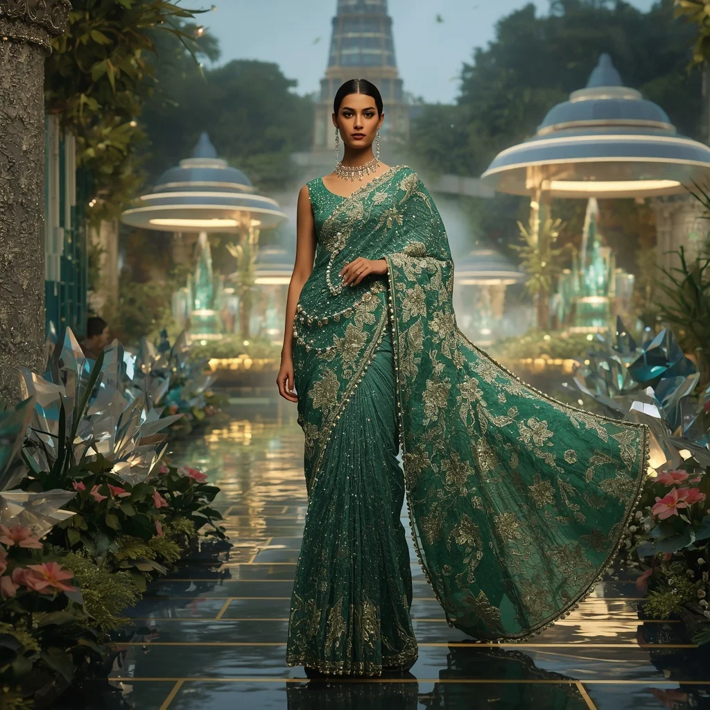 Crystal Pavilion Garden Saree with Modern Luxury Courtyard Kingdom | New Instagram Trend Prompt For Girl Love