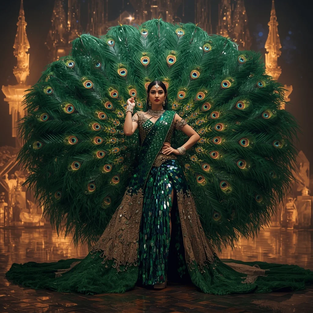Crystal Peacock Armor Saree with Royal Feather Megafortress | Ai Gemini Photo Prompt