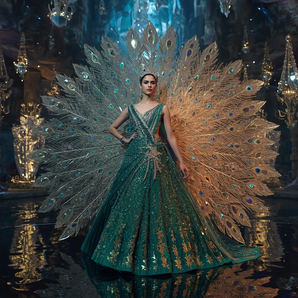 Crystal Peacock Crown Saree with Floating Royal Prism Jungle | ChatGPT Ai Prompt