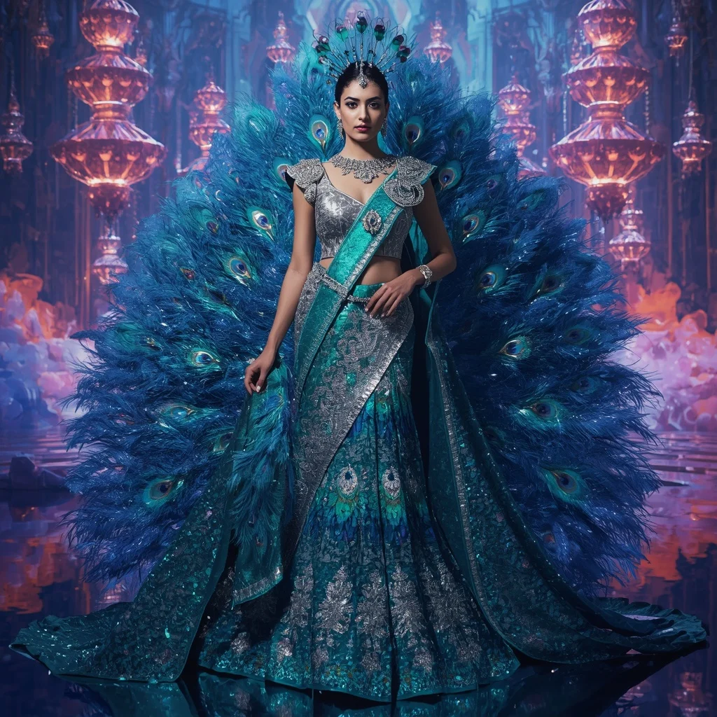 Crystal Peacock Empire Saree with Floating Feather Palace | Instagram Girl Gemini Prompt