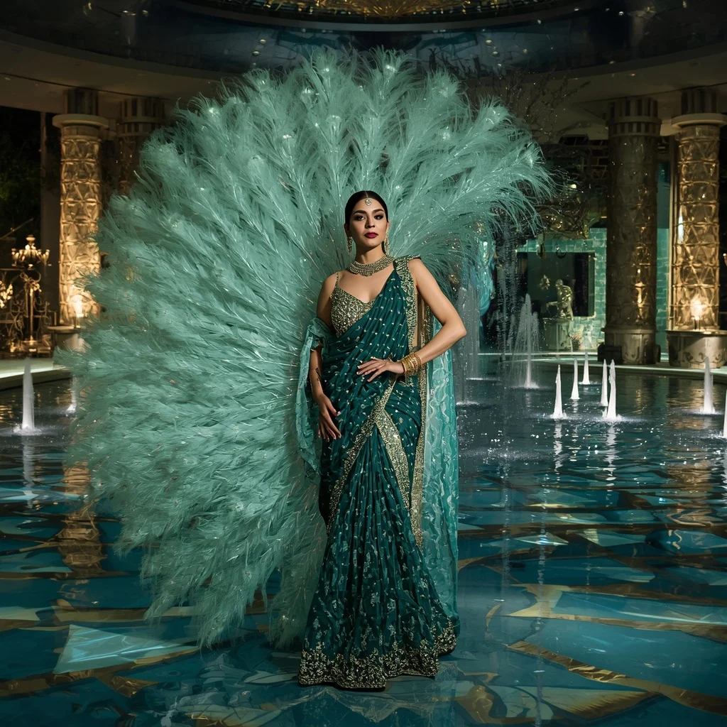 Crystal Peacock Fountain Saree with Floating Royal Water Court | Gemini Ai Photo Prompt