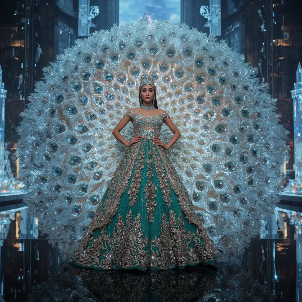 Crystal Peacock Palace Saree with Floating Jewel Feather Kingdom | Instagram Profile Pic Ai Prompt