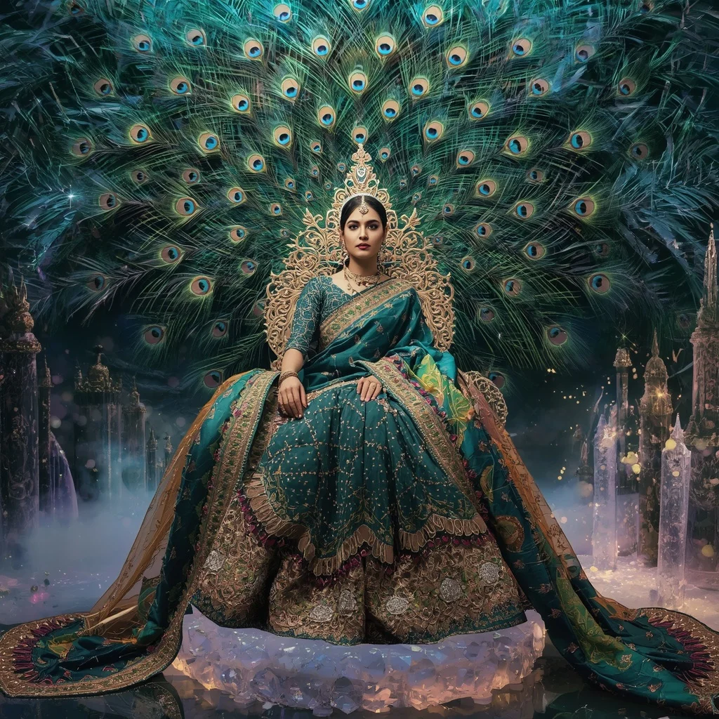 Crystal Peacock Throne Saree with Jewel Feather Universe | Prompt Seen Girl