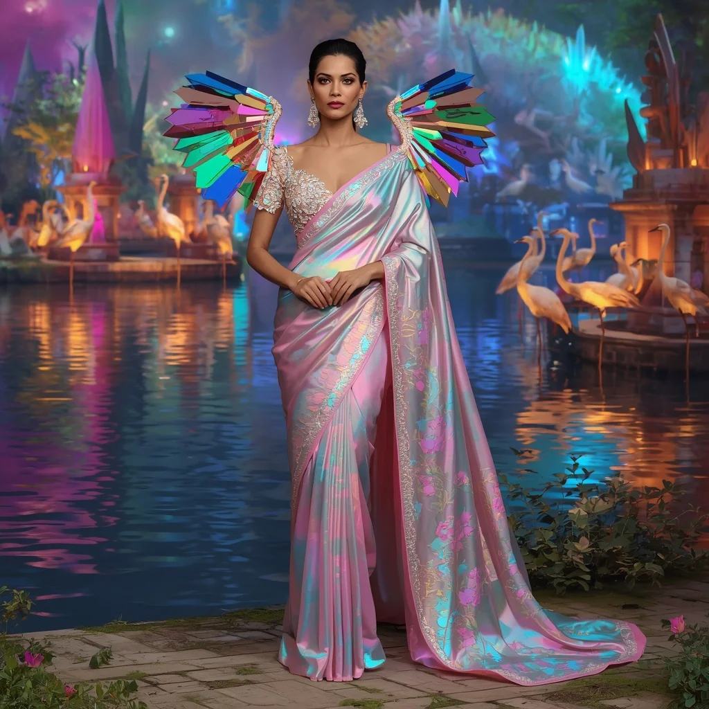 Crystal Prism Crane Saree with Rainbow Wetland Realm | Prompt Seen Gemini Girl Instagram