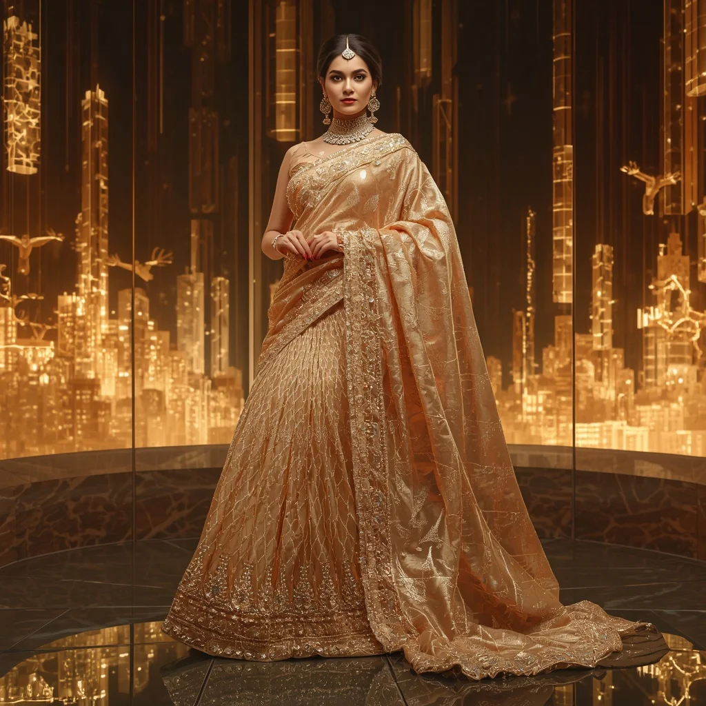 Crystal Prism Giraffe Saree with Safari Skyline Infinity Realm | Female Model Ai Prompt