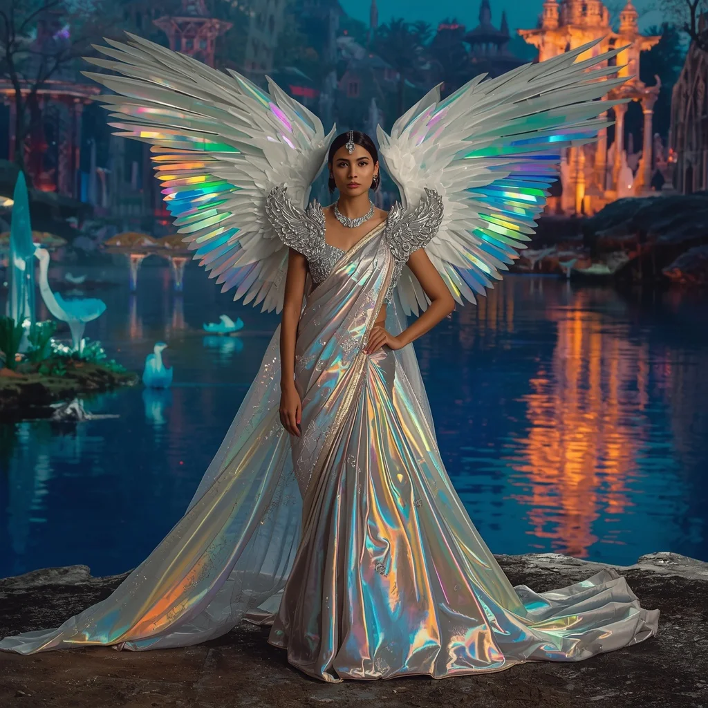 Crystal Prism Heron Saree with Rainbow Water Kingdom | Prompt Seen Horror Girl