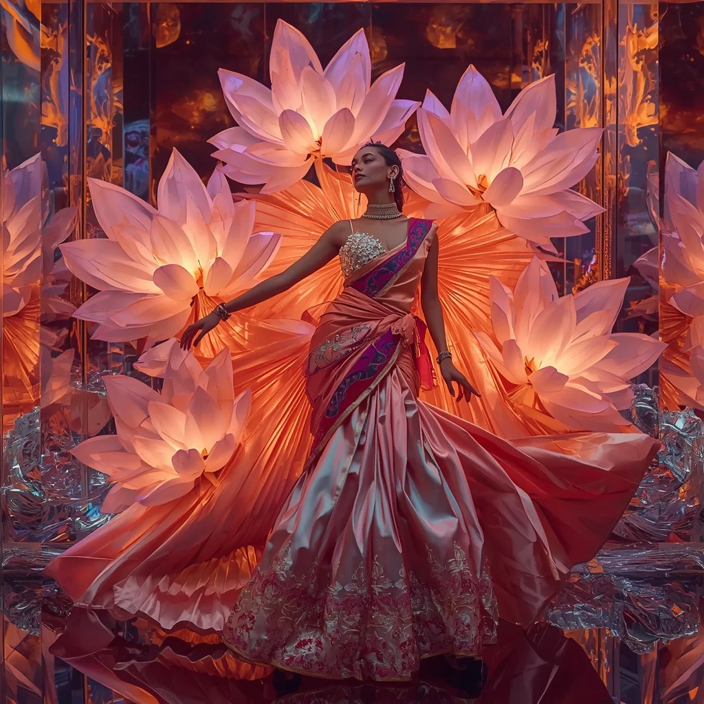 Crystal Prism Lotus Flame Saree with Holographic Inferno Universe | Lehenga Choli Ai Prompt