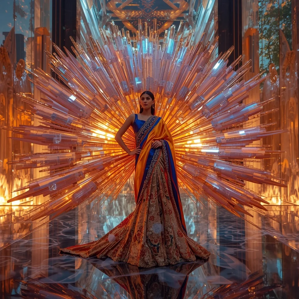 Crystal Prism Peacock Inferno Saree with Holographic Fire Reflection Cathedral | Festival Prompt