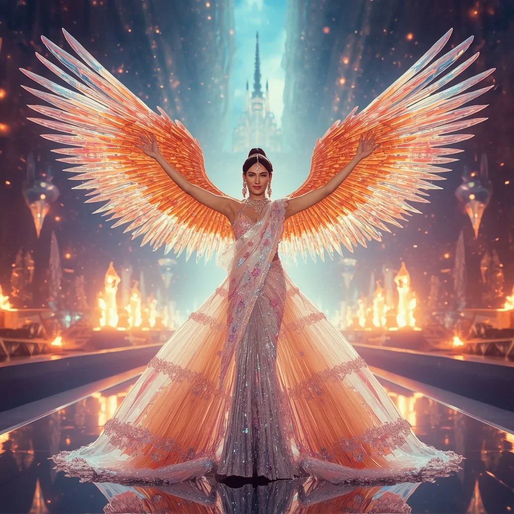 Crystal Prism Phoenix Saree with Floating Lightstorm Palace Universe | Anime Ai Prompt