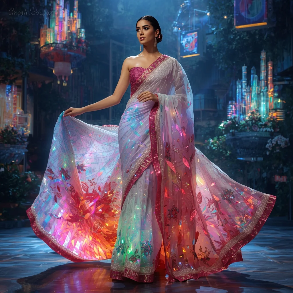 Crystal Rainbow Library Saree with Floating Knowledge Garden Metropolis | Instagram Viral Photo Prompt