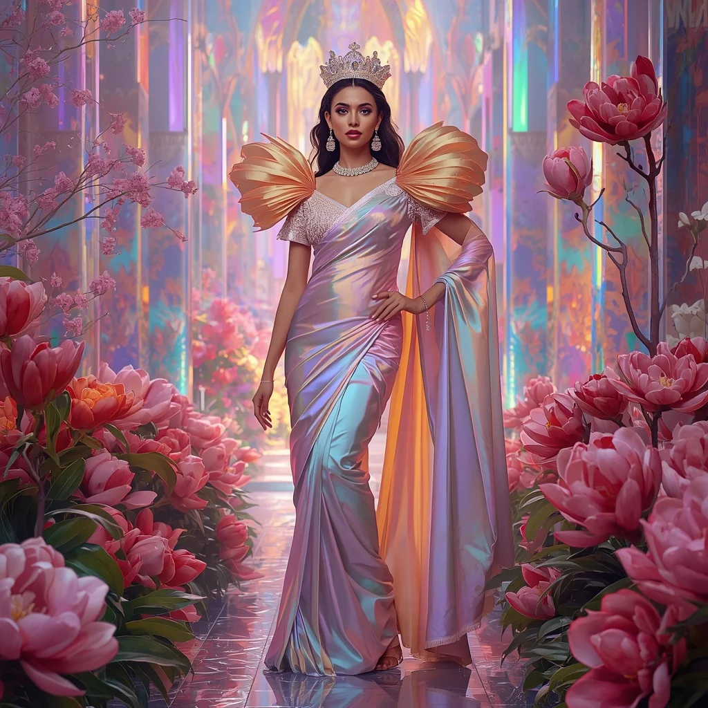 Crystal Rainbow Magnolia Cathedral Saree with Prism Floral Empire | Instagram Post Ai Prompt
