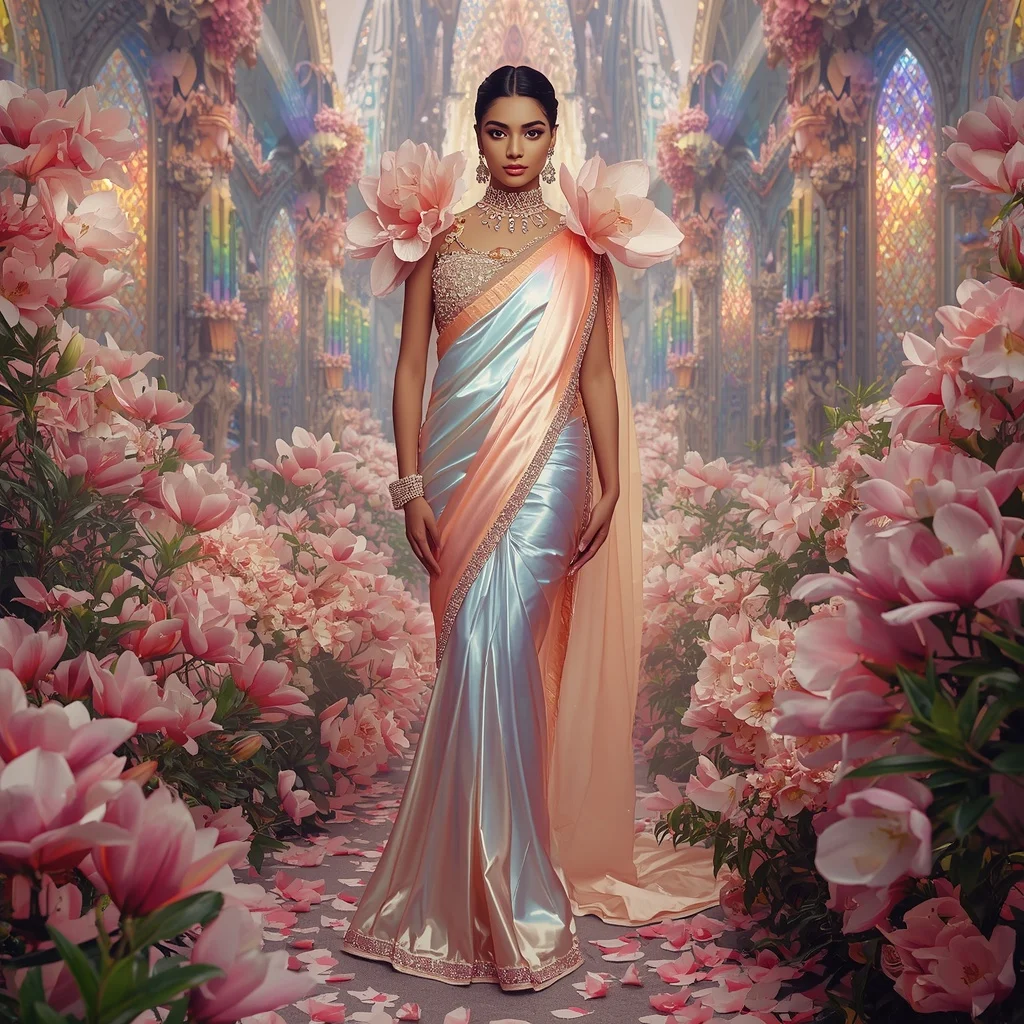 Crystal Rainbow Magnolia Cathedral Saree with Prism Floral Empire | Prompt AI For Girl