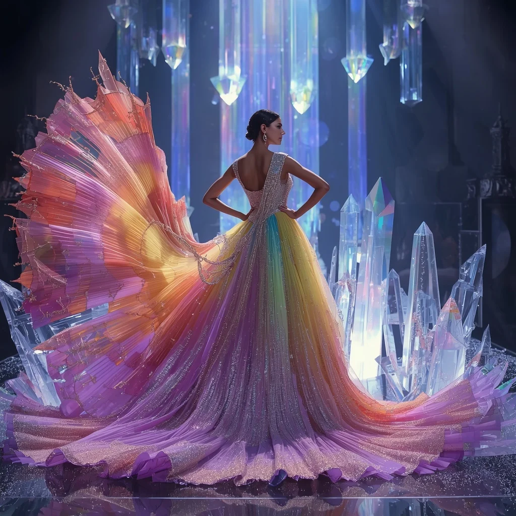 Crystal Rainbow Waterfall Saree with Floating Prism Paradise Realm | Woman Pose Ai Prompt