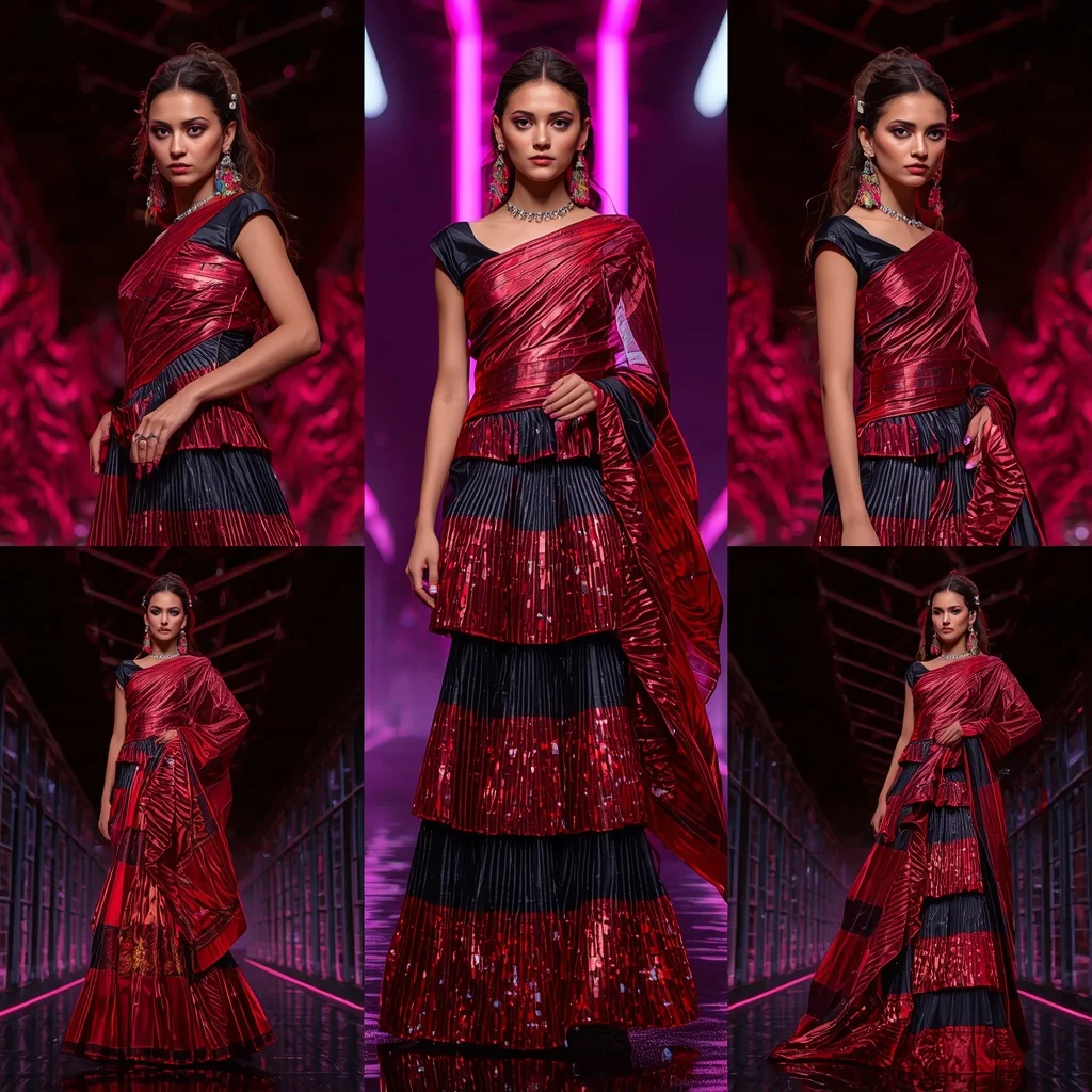 Crystal Ruby Eclipse Saree with Floating Neon Bridges | Youtube Thumbnail Ai Prompt