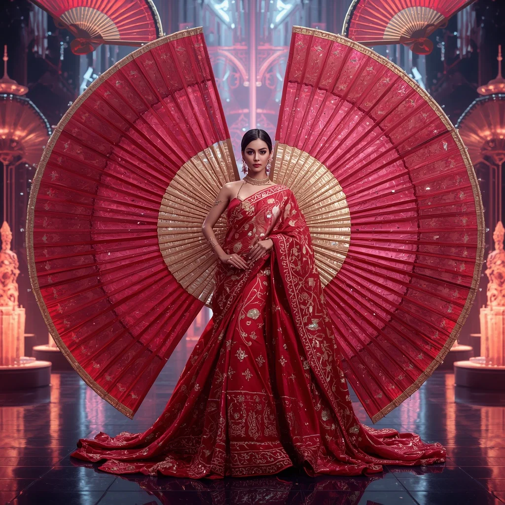 Crystal Samurai Fan Saree with Neon Imperial Festival Citadel | Ai Image Generator Prompt