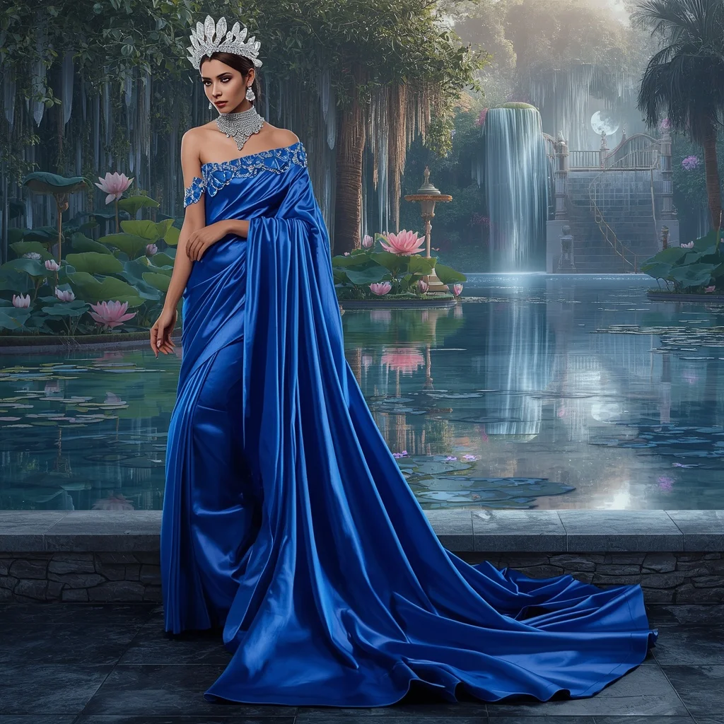 Crystal Sapphire Lotus Waterfall Saree with Moon Garden Reflection Palace | New Instagram Trend Prompt For Girl Attitude