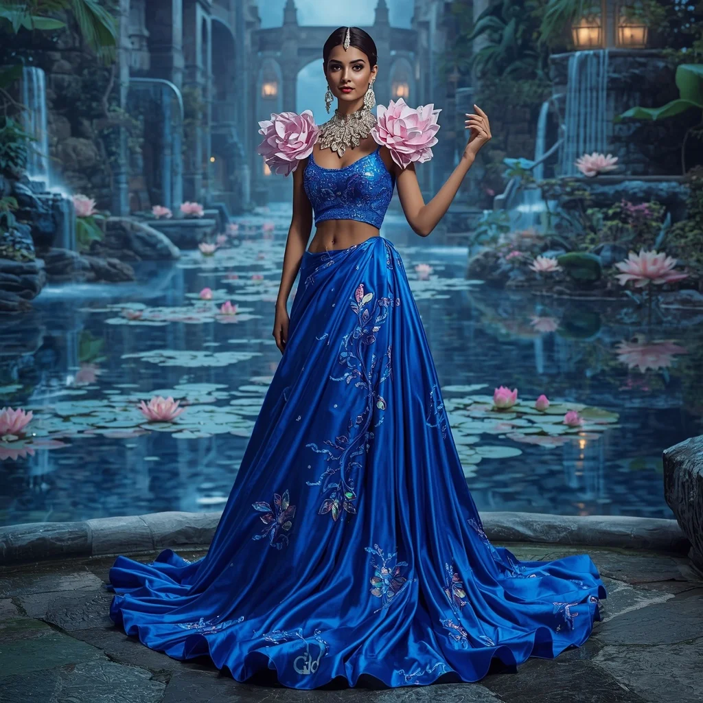 Crystal Sapphire Lotus Waterfall Saree with Moon Garden Reflection Palace | Prompt Seen Girl Photo Editing Chatgpt Download