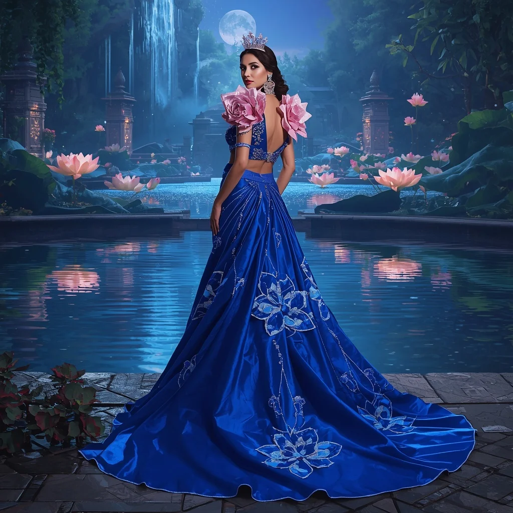 Crystal Sapphire Lotus Waterfall Saree with Moon Garden Reflection Palace | Prompt Seen Trending Girl 2026 Instagram