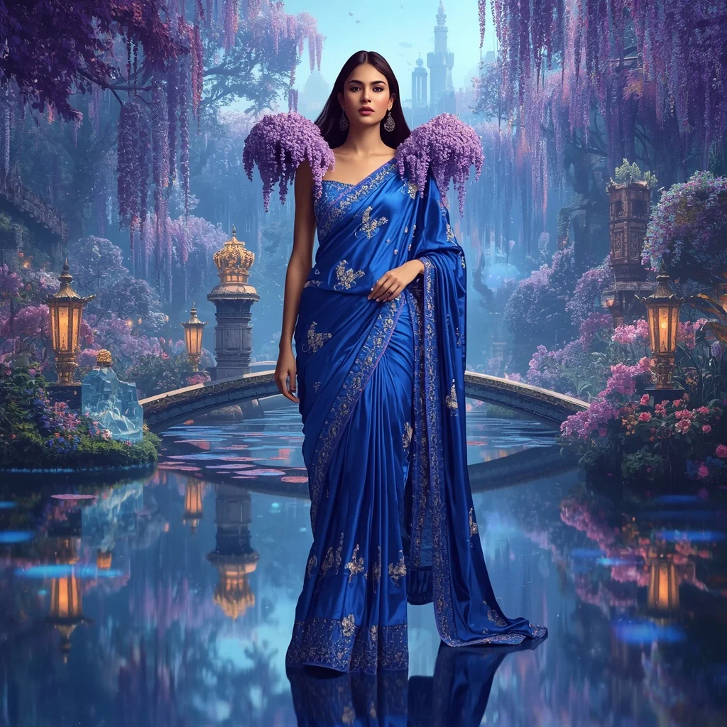 Crystal Sapphire Wisteria Saree with Reflection Garden Kingdom | Prompt Seen Trending Girl AI Photo