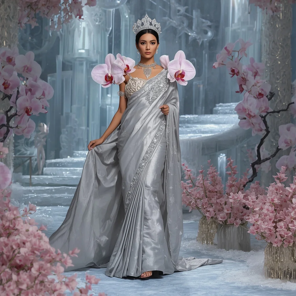 Crystal Silver Orchid Fortress Saree with Frozen Bloom Kingdom | Cute Ai Prompt