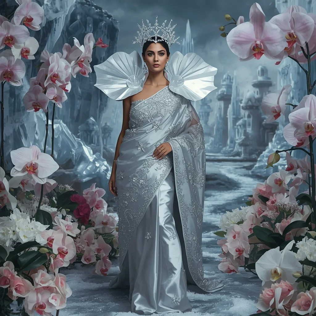 Crystal Silver Orchid Fortress Saree with Frozen Bloom Kingdom | Chatgpt Prompt
