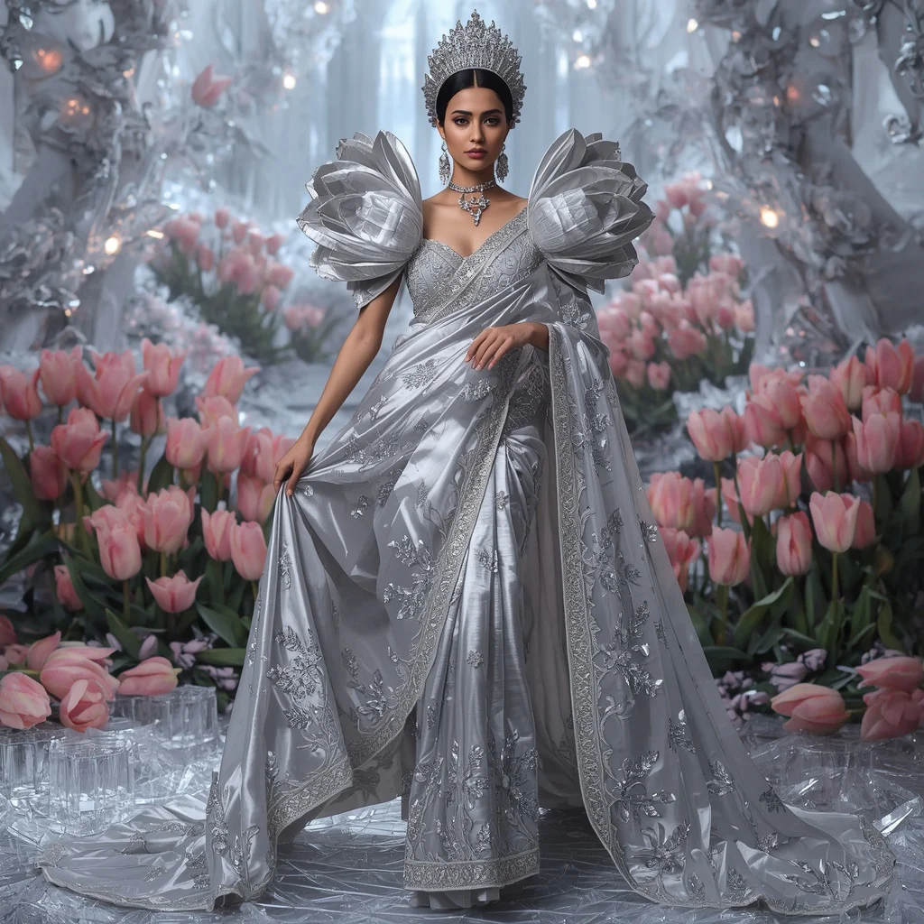 Crystal Silver Tulip Palace Saree with Frozen Bloom Empire | Prompt For Gemini AI Girl Trending