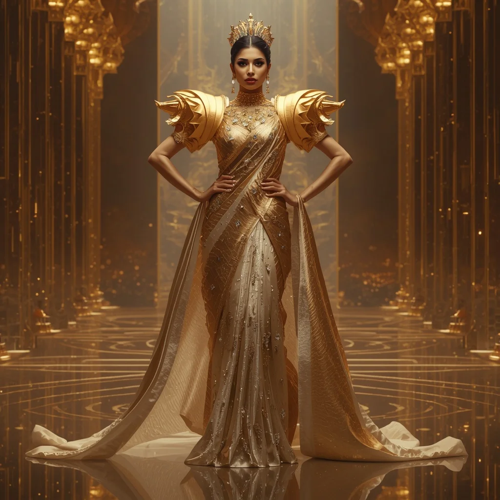Crystal Solar Crown Citadel Saree with Golden Infinity Empire | New Instagram Trend Prompt For Girl And Boy