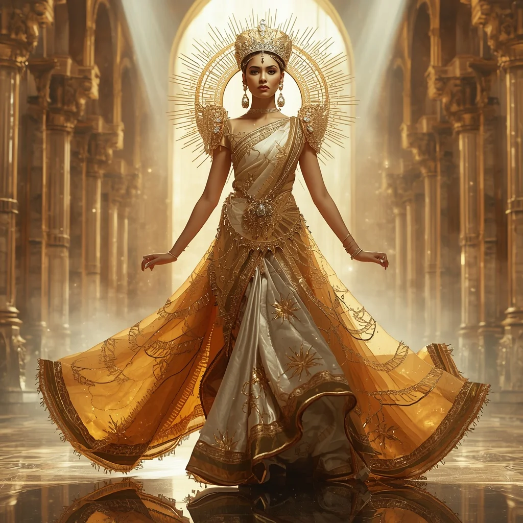 Crystal Solar Crown Labyrinth Saree with Golden Empire Citadel | Prompt Generator