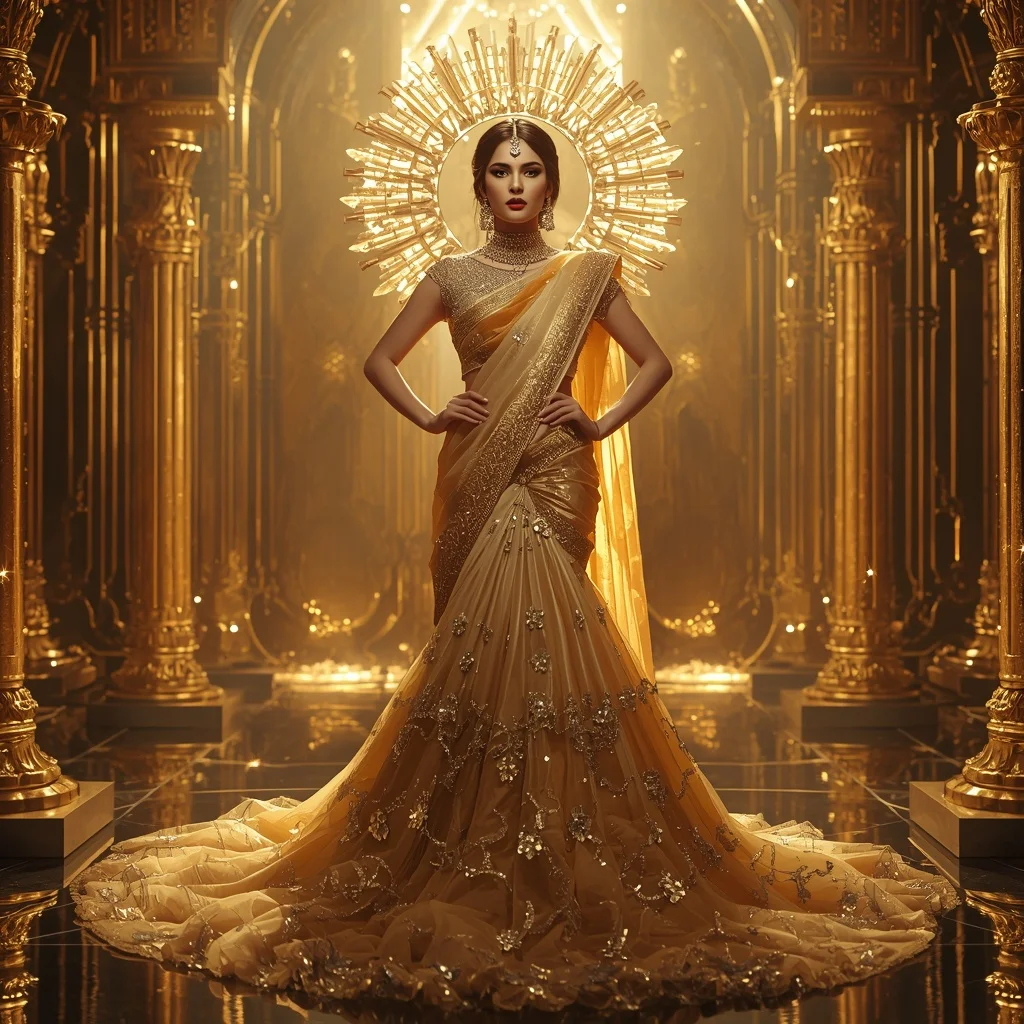 Crystal Solar Halo Palace Saree with Golden Celestial Fortress | Prompt Seen Girl Photo Editing Trending