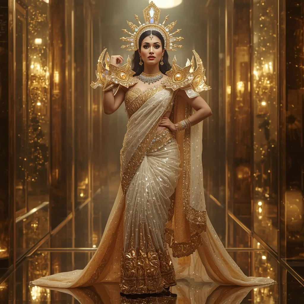 Crystal Solar Temple Crown Saree with Golden Celestial Kingdom | Leonardo Ai Image Prompt