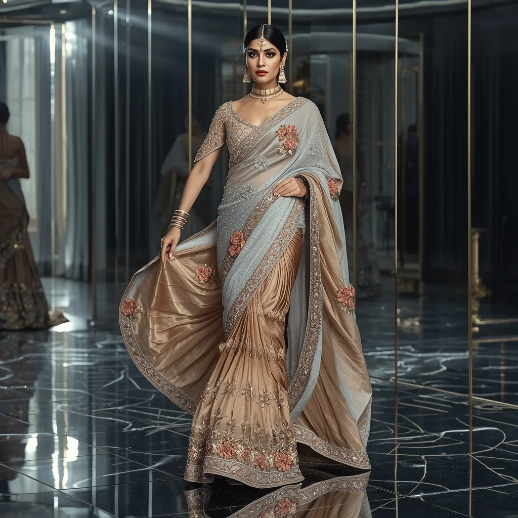 Crystal Spiral Rose Garden Saree with Curved Mirror Palace | Prompt Seen Gemini Girl Instagram