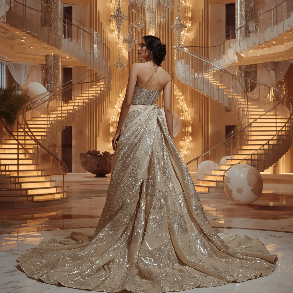 Crystal Spiral Staircase Saree with Floating Designer Palace | 3d Animation Ai Prompt